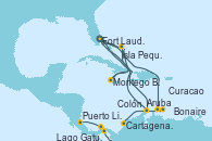 Visitando Fort Lauderdale (Florida/EEUU), Isla Pequeña (San Salvador/Bahamas), Montego Bay (Jamaica), Fort Lauderdale (Florida/EEUU), Curacao (Antillas), Bonaire (Países Bajos), Aruba (Antillas), Isla Pequeña (San Salvador/Bahamas), Fort Lauderdale (Florida/EEUU), Aruba (Antillas), Cartagena de Indias (Colombia), Lago Gatun (Panamá), Colón (Panamá), Puerto Limón (Costa Rica)