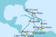 Visitando Fort Lauderdale (Florida/EEUU), Isla Pequeña (San Salvador/Bahamas), Curacao (Antillas), Cartagena de Indias (Colombia), Lago Gatun (Panamá), Colón (Panamá), Puerto Limón (Costa Rica), Falmouth (Jamaica), Fort Lauderdale (Florida/EEUU), Curacao (Antillas), Bonaire (Países Bajos), Aruba (Antillas), Isla Pequeña (San Salvador/Bahamas), Fort Lauderdale (Florida/EEUU)