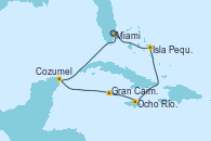 Visitando Miami (Florida/EEUU), Isla Pequeña (San Salvador/Bahamas), Ocho Ríos (Jamaica), Gran Caimán (Islas Caimán), Cozumel (México), Miami (Florida/EEUU)