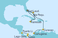 Visitando Fort Lauderdale (Florida/EEUU), Isla Pequeña (San Salvador/Bahamas), Falmouth (Jamaica), Fort Lauderdale (Florida/EEUU), Curacao (Antillas), Cartagena de Indias (Colombia), Lago Gatun (Panamá), Colón (Panamá), Puerto Limón (Costa Rica)