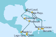 Visitando Fort Lauderdale (Florida/EEUU), Isla Pequeña (San Salvador/Bahamas), Curacao (Antillas), Lago Gatun (Panamá), Colón (Panamá), Puerto Limón (Costa Rica), Falmouth (Jamaica), Gran Caimán (Islas Caimán), Fort Lauderdale (Florida/EEUU), Curacao (Antillas), Bonaire (Países Bajos), Aruba (Antillas), Isla Pequeña (San Salvador/Bahamas), Fort Lauderdale (Florida/EEUU)