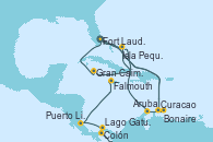 Visitando Fort Lauderdale (Florida/EEUU), Isla Pequeña (San Salvador/Bahamas), Gran Caimán (Islas Caimán), Fort Lauderdale (Florida/EEUU), Curacao (Antillas), Bonaire (Países Bajos), Aruba (Antillas), Isla Pequeña (San Salvador/Bahamas), Fort Lauderdale (Florida/EEUU), Curacao (Antillas), Lago Gatun (Panamá), Colón (Panamá), Puerto Limón (Costa Rica), Falmouth (Jamaica)