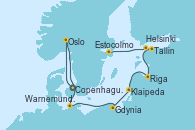 Visitando Copenhague (Dinamarca), Oslo (Noruega), Warnemunde (Alemania), Gdynia (Polonia), Klaipeda (Lituania), Riga (Letonia), Tallin (Estonia), Helsinki (Finlandia), Estocolmo (Suecia), Estocolmo (Suecia)
