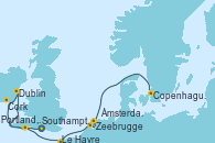 Visitando Southampton (Inglaterra), Dublin (Irlanda), Cork (Irlanda), Portland, Dorset (Reino Unido), Le Havre (Francia), Zeebrugge (Bruselas), Ámsterdam (Holanda), Copenhague (Dinamarca), Copenhague (Dinamarca)