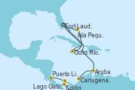Visitando Fort Lauderdale (Florida/EEUU), Isla Pequeña (San Salvador/Bahamas), Ocho Ríos (Jamaica), Fort Lauderdale (Florida/EEUU), Aruba (Antillas), Cartagena de Indias (Colombia), Lago Gatun (Panamá), Colón (Panamá), Puerto Limón (Costa Rica)