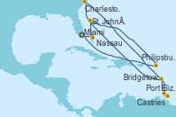 Visitando Miami (Florida/EEUU), Nassau (Bahamas), St. John´s (Antigua y Barbuda), Charleston (Carolina del Sur), Castries (Santa Lucía/Caribe), Port Elizabeth (San Vicente y Granadinas), Bridgetown (Barbados), St. John´s (Antigua y Barbuda), Philipsburg (St. Maarten), Miami (Florida/EEUU)