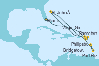 Visitando Miami (Florida/EEUU), Basseterre (Antillas), Philipsburg (St. Maarten), Virgin Gorda (Islas Virgenes), St. John´s (Antigua y Barbuda), Port Elizabeth (San Vicente y Granadinas), Bridgetown (Barbados)