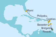 Visitando Bridgetown (Barbados), Mayreau (Granadinas), Castries (Santa Lucía/Caribe), Roseau (Dominica), Basseterre (Antillas), Philipsburg (St. Maarten), Road Town (Isla Tórtola/Islas Vírgenes), Miami (Florida/EEUU)