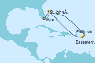 Visitando Miami (Florida/EEUU), IleRoyale, St. John´s (Antigua y Barbuda), Philipsburg (St. Maarten), Basseterre (Antillas), St. John´s (Antigua y Barbuda), Road Town (Isla Tórtola/Islas Vírgenes), Miami (Florida/EEUU)
