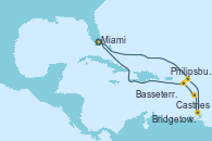 Visitando Miami (Florida/EEUU), IleRoyale, Philipsburg (St. Maarten), Havre Saint Pierre (Canadá), Castries (Santa Lucía/Caribe), Saint George (Grenada), Bridgetown (Barbados), Basseterre (Antillas), Road Town (Isla Tórtola/Islas Vírgenes), Miami (Florida/EEUU)
