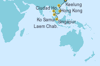 Visitando Keelung (Taiwán), Hong Kong (China), Ciudad Ho Chi Minh (Vietnam), Ciudad Ho Chi Minh (Vietnam), Laem Chabang (Bangkok/Thailandia), Ko Samui (Tailandia), Singapur