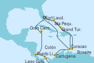Visitando Fort Lauderdale (Florida/EEUU), Isla Pequeña (San Salvador/Bahamas), Curacao (Antillas), Cartagena de Indias (Colombia), Lago Gatun (Panamá), Colón (Panamá), Puerto Limón (Costa Rica), Gran Caimán (Islas Caimán), Fort Lauderdale (Florida/EEUU), Isla Pequeña (San Salvador/Bahamas), Grand Turks(Turks & Caicos), Bonaire (Países Bajos), Curacao (Antillas), Fort Lauderdale (Florida/EEUU)