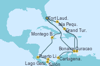 Visitando Fort Lauderdale (Florida/EEUU), Isla Pequeña (San Salvador/Bahamas), Grand Turks(Turks & Caicos), Bonaire (Países Bajos), Curacao (Antillas), Fort Lauderdale (Florida/EEUU), Isla Pequeña (San Salvador/Bahamas), Curacao (Antillas), Cartagena de Indias (Colombia), Lago Gatun (Panamá), Colón (Panamá), Puerto Limón (Costa Rica), Montego Bay (Jamaica), Fort Lauderdale (Florida/EEUU)