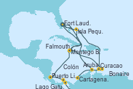 Visitando Fort Lauderdale (Florida/EEUU), Isla Pequeña (San Salvador/Bahamas), Curacao (Antillas), Cartagena de Indias (Colombia), Lago Gatun (Panamá), Colón (Panamá), Puerto Limón (Costa Rica), Montego Bay (Jamaica), Fort Lauderdale (Florida/EEUU), Falmouth (Jamaica), Bonaire (Países Bajos), Aruba (Antillas), Isla Pequeña (San Salvador/Bahamas), Fort Lauderdale (Florida/EEUU)