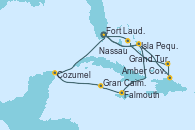 Visitando Fort Lauderdale (Florida/EEUU), Isla Pequeña (San Salvador/Bahamas), Falmouth (Jamaica), Gran Caimán (Islas Caimán), Cozumel (México), Fort Lauderdale (Florida/EEUU), Isla Pequeña (San Salvador/Bahamas), Amber Cove (República Dominicana), Grand Turks(Turks & Caicos), Nassau (Bahamas), Fort Lauderdale (Florida/EEUU)