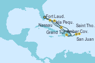 Visitando Fort Lauderdale (Florida/EEUU), Isla Pequeña (San Salvador/Bahamas), Amber Cove (República Dominicana), Grand Turks(Turks & Caicos), Nassau (Bahamas), Fort Lauderdale (Florida/EEUU), Amber Cove (República Dominicana), San Juan (Puerto Rico), Saint Thomas (Islas Vírgenes), Isla Pequeña (San Salvador/Bahamas), Fort Lauderdale (Florida/EEUU)