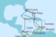 Visitando Fort Lauderdale (Florida/EEUU), Isla Pequeña (San Salvador/Bahamas), Aruba (Antillas), Cartagena de Indias (Colombia), Lago Gatun (Panamá), Colón (Panamá), Puerto Limón (Costa Rica), Gran Caimán (Islas Caimán), Fort Lauderdale (Florida/EEUU), Curacao (Antillas), Bonaire (Países Bajos), Aruba (Antillas), Isla Pequeña (San Salvador/Bahamas), Fort Lauderdale (Florida/EEUU)