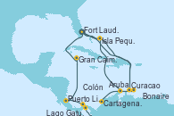 Visitando Fort Lauderdale (Florida/EEUU), Isla Pequeña (San Salvador/Bahamas), Curacao (Antillas), Cartagena de Indias (Colombia), Lago Gatun (Panamá), Colón (Panamá), Puerto Limón (Costa Rica), Gran Caimán (Islas Caimán), Fort Lauderdale (Florida/EEUU), Curacao (Antillas), Bonaire (Países Bajos), Aruba (Antillas), Isla Pequeña (San Salvador/Bahamas), Fort Lauderdale (Florida/EEUU)