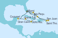 Visitando Miami (Florida/EEUU), Grand Turks(Turks & Caicos), San Juan (Puerto Rico), Saint Thomas (Islas Vírgenes), Isla Pequeña (San Salvador/Bahamas), Miami (Florida/EEUU), Isla Pequeña (San Salvador/Bahamas), Ocho Ríos (Jamaica), Gran Caimán (Islas Caimán), Cozumel (México), Miami (Florida/EEUU)