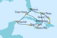 Visitando Miami (Florida/EEUU), Isla Pequeña (San Salvador/Bahamas), Ocho Ríos (Jamaica), Gran Caimán (Islas Caimán), Cozumel (México), Miami (Florida/EEUU), Isla Pequeña (San Salvador/Bahamas), Grand Turks(Turks & Caicos), Amber Cove (República Dominicana), Cayo Hueso (Key West/Florida), Miami (Florida/EEUU)