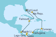 Visitando Fort Lauderdale (Florida/EEUU), Isla Pequeña (San Salvador/Bahamas), Curacao (Antillas), Cartagena de Indias (Colombia), Lago Gatun (Panamá), Colón (Panamá), Puerto Limón (Costa Rica), Falmouth (Jamaica), Fort Lauderdale (Florida/EEUU)