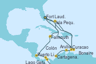 Visitando Fort Lauderdale (Florida/EEUU), Isla Pequeña (San Salvador/Bahamas), Curacao (Antillas), Cartagena de Indias (Colombia), Lago Gatun (Panamá), Colón (Panamá), Puerto Limón (Costa Rica), Falmouth (Jamaica), Fort Lauderdale (Florida/EEUU), Curacao (Antillas), Aruba (Antillas), Bonaire (Países Bajos), Isla Pequeña (San Salvador/Bahamas), Fort Lauderdale (Florida/EEUU)