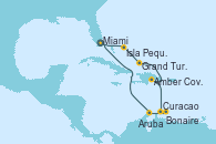 Visitando Miami (Florida/EEUU), Isla Pequeña (San Salvador/Bahamas), Grand Turks(Turks & Caicos), Amber Cove (República Dominicana), Curacao (Antillas), Bonaire (Países Bajos), Aruba (Antillas), Miami (Florida/EEUU)