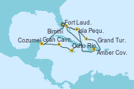 Visitando Fort Lauderdale (Florida/EEUU), Isla Pequeña (San Salvador/Bahamas), Ocho Ríos (Jamaica), Gran Caimán (Islas Caimán), Cozumel (México), Fort Lauderdale (Florida/EEUU), Isla Pequeña (San Salvador/Bahamas), Grand Turks(Turks & Caicos), Amber Cove (República Dominicana), Bimini (Bahamas), Fort Lauderdale (Florida/EEUU)