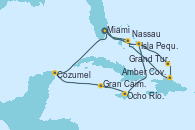Visitando Miami (Florida/EEUU), Isla Pequeña (San Salvador/Bahamas), Ocho Ríos (Jamaica), Gran Caimán (Islas Caimán), Cozumel (México), Miami (Florida/EEUU), Isla Pequeña (San Salvador/Bahamas), Grand Turks(Turks & Caicos), Amber Cove (República Dominicana), Nassau (Bahamas), Miami (Florida/EEUU)