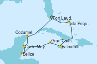 Visitando Fort Lauderdale (Florida/EEUU), Isla Pequeña (San Salvador/Bahamas), Falmouth (Jamaica), Gran Caimán (Islas Caimán), Belize (Caribe), Costa Maya (México), Cozumel (México), Fort Lauderdale (Florida/EEUU)