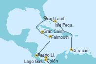 Visitando Fort Lauderdale (Florida/EEUU), Isla Pequeña (San Salvador/Bahamas), Curacao (Antillas), Lago Gatun (Panamá), Colón (Panamá), Puerto Limón (Costa Rica), Falmouth (Jamaica), Gran Caimán (Islas Caimán), Fort Lauderdale (Florida/EEUU)