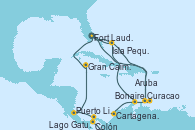 Visitando Fort Lauderdale (Florida/EEUU), Curacao (Antillas), Bonaire (Países Bajos), Aruba (Antillas), Isla Pequeña (San Salvador/Bahamas), Fort Lauderdale (Florida/EEUU), Isla Pequeña (San Salvador/Bahamas), Curacao (Antillas), Cartagena de Indias (Colombia), Lago Gatun (Panamá), Colón (Panamá), Puerto Limón (Costa Rica), Gran Caimán (Islas Caimán), Fort Lauderdale (Florida/EEUU)