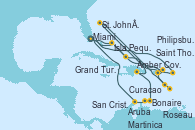 Visitando Miami (Florida/EEUU), Philipsburg (St. Maarten), St. John´s (Antigua y Barbuda), Martinica (Antillas), Roseau (Dominica), San Cristóbal y Nieves, Saint Thomas (Islas Vírgenes), Isla Pequeña (San Salvador/Bahamas), Miami (Florida/EEUU), Isla Pequeña (San Salvador/Bahamas), Grand Turks(Turks & Caicos), Amber Cove (República Dominicana), Bonaire (Países Bajos), Curacao (Antillas), Aruba (Antillas), Miami (Florida/EEUU)