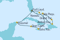 Visitando Fort Lauderdale (Florida/EEUU), Isla Pequeña (San Salvador/Bahamas), Ocho Ríos (Jamaica), Gran Caimán (Islas Caimán), Cozumel (México), Fort Lauderdale (Florida/EEUU), Isla Pequeña (San Salvador/Bahamas), Grand Turks(Turks & Caicos), Amber Cove (República Dominicana), Nassau (Bahamas), Fort Lauderdale (Florida/EEUU)