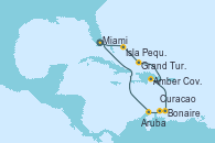Visitando Miami (Florida/EEUU), Isla Pequeña (San Salvador/Bahamas), Grand Turks(Turks & Caicos), Amber Cove (República Dominicana), Bonaire (Países Bajos), Curacao (Antillas), Aruba (Antillas), Miami (Florida/EEUU)