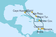 Visitando Miami (Florida/EEUU), Isla Pequeña (San Salvador/Bahamas), Grand Turks(Turks & Caicos), Amber Cove (República Dominicana), Bonaire (Países Bajos), Curacao (Antillas), Aruba (Antillas), Miami (Florida/EEUU), Isla Pequeña (San Salvador/Bahamas), Grand Turks(Turks & Caicos), Amber Cove (República Dominicana), Cayo Hueso (Key West/Florida), Miami (Florida/EEUU)