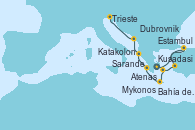 Visitando Atenas (Grecia), Estambul (Turquía), Estambul (Turquía), Kusadasi (Efeso/Turquía), Mykonos (Grecia), Bahía de Souda (Grecia), Katakolon (Olimpia/Grecia), Sarande (Albania), Dubrovnik (Croacia), Trieste (Italia)