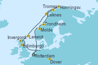 Visitando Rotterdam (Holanda), Molde (Noruega), Trondheim (Noruega), Honningsvag (Noruega), Tromso (Noruega), Leknes (Noruega), Lerwick (Escocia), Invergordon (Escocia), Edimburgo (Escocia), Dover (Inglaterra), Rotterdam (Holanda)