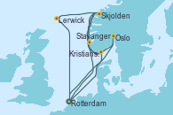 Visitando Rotterdam (Holanda), Kristiansand (Noruega), Skjolden (Noruega), Lerwick (Escocia), Rotterdam (Holanda), Skjolden (Noruega), Stavanger (Noruega), Oslo (Noruega), Rotterdam (Holanda)