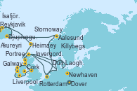 Visitando Dover (Inglaterra), Rotterdam (Holanda), Stornoway (Isla de Lewis/Escocia), Killybegs (Irlanda), Galway (Irlanda), Cork (Irlanda), Dun Laoghaire (Dublin/Irlanda), Liverpool (Reino Unido), Portree (Reino Unido), Invergordon (Escocia), Newhaven (Reino Unido), Newhaven (Reino Unido), Dover (Inglaterra), Rotterdam (Holanda), Aalesund (Noruega), Djupivogur (Islandia), Akureyri (Islandia), Ísafjörður (Islandia), Reykjavik (Islandia), Heimaey (Islas Westmann/Islandia), Stornoway (Isla de Lewis/Escocia), Portree (Reino Unido), Dover (Inglaterra)