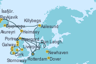 Visitando Rotterdam (Holanda), Stornoway (Isla de Lewis/Escocia), Killybegs (Irlanda), Galway (Irlanda), Cork (Irlanda), Dun Laoghaire (Dublin/Irlanda), Liverpool (Reino Unido), Portree (Reino Unido), Invergordon (Escocia), Newhaven (Reino Unido), Newhaven (Reino Unido), Dover (Inglaterra), Rotterdam (Holanda), Aalesund (Noruega), Djupivogur (Islandia), Akureyri (Islandia), Ísafjörður (Islandia), Reykjavik (Islandia), Heimaey (Islas Westmann/Islandia), Stornoway (Isla de Lewis/Escocia), Portree (Reino Unido), Dover (Inglaterra), Rotterdam (Holanda)