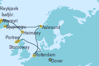 Visitando Dover (Inglaterra), Rotterdam (Holanda), Aalesund (Noruega), Djupivogur (Islandia), Akureyri (Islandia), Ísafjörður (Islandia), Reykjavik (Islandia), Heimaey (Islas Westmann/Islandia), Stornoway (Isla de Lewis/Escocia), Portree (Reino Unido), Dover (Inglaterra)