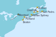 Visitando Montreal (Canadá), Quebec (Canadá), Charlottetown (Canadá), Sydney (Nueva Escocia/Canadá), San Pedro y Miquelón (Francia), Halifax (Canadá), Portland (Maine/Estados Unidos), Boston (Massachusetts)