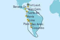 Visitando Fort Lauderdale (Florida/EEUU), Gran Caimán (Islas Caimán), Fuerte Amador (Panamá), Fuerte Amador (Panamá), Manta (Ecuador), Banana Coast (Trujillo/Honduras), Lima (Callao/Perú), Lima (Callao/Perú), Lima (Callao/Perú), Pisco (Perú), Coquimbo (Chile), San Antonio (Chile)