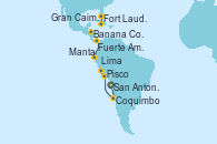 Visitando San Antonio (Chile), Coquimbo (Chile), Pisco (Perú), Lima (Callao/Perú), Lima (Callao/Perú), Lima (Callao/Perú), Banana Coast (Trujillo/Honduras), Manta (Ecuador), Fuerte Amador (Panamá), Fuerte Amador (Panamá), Gran Caimán (Islas Caimán), Fort Lauderdale (Florida/EEUU)