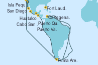 Visitando San Diego (California/EEUU), Cabo San Lucas (México), Puerto Vallarta (México), Huatulco (México), Puerto Quetzal (Guatemala), Punta Arenas (Chile), Cartagena de Indias (Colombia), Isla Pequeña (San Salvador/Bahamas), Fort Lauderdale (Florida/EEUU)