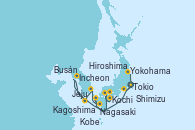 Visitando Tokio (Japón), Kagoshima (Japón), Nagasaki (Japón), Busán (Corea del Sur), Jeju (Corea del Sur), Incheon (Corea del Sur), Hiroshima (Japón), Kochi (Japón), Kobe (Japón), Shimizu (Japón), Yokohama (Japón)