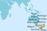 Visitando Sydney (Australia), Melbourne (Australia), Hobart (Australia), Milfjord Sound (Nueva Zelanda), Port Chalmers (Nueva Zelanda), Timaru (Nueva Zelanda), Picton (Australia), Wellington (Nueva Zelanda), Napier (Nueva Zelanda), Tauranga (Nueva Zelanda), Auckland (Nueva Zelanda)