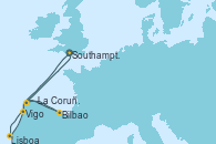 Visitando Southampton (Inglaterra), Vigo (España), Lisboa (Portugal), Bilbao (España), La Coruña (Galicia/España), Southampton (Inglaterra)