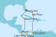 Visitando Fort Lauderdale (Florida/EEUU), Isla Pequeña (San Salvador/Bahamas), Cartagena de Indias (Colombia), Lago Gatun (Panamá), Colón (Panamá), Puerto Limón (Costa Rica), Gran Caimán (Islas Caimán), Fort Lauderdale (Florida/EEUU)